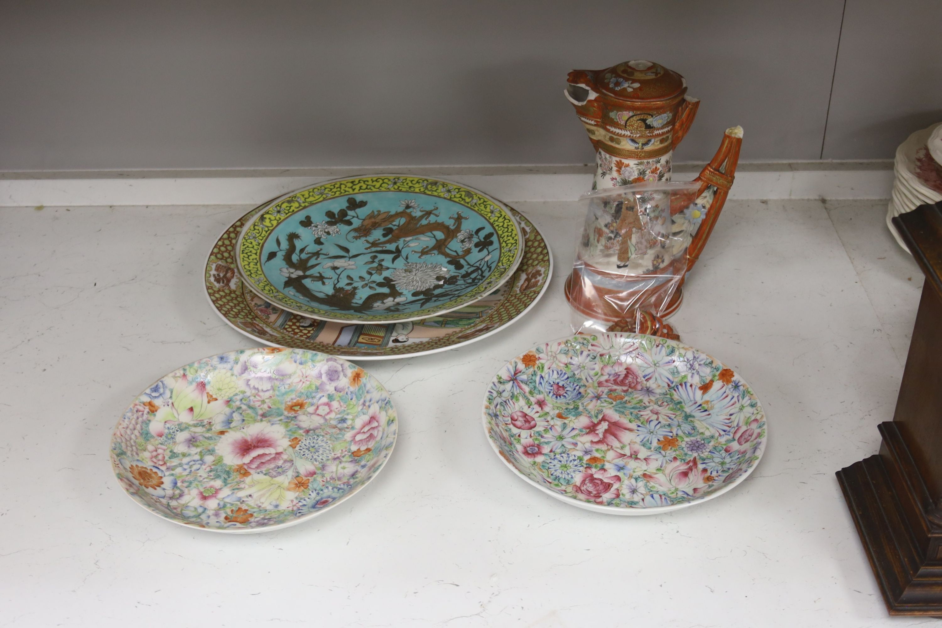 Two Chinese ‘millefleur’ dishes, a turquoise ground ‘Dragon’ dish Guangxu mark and period, a late 19th century famille rose jar etc.